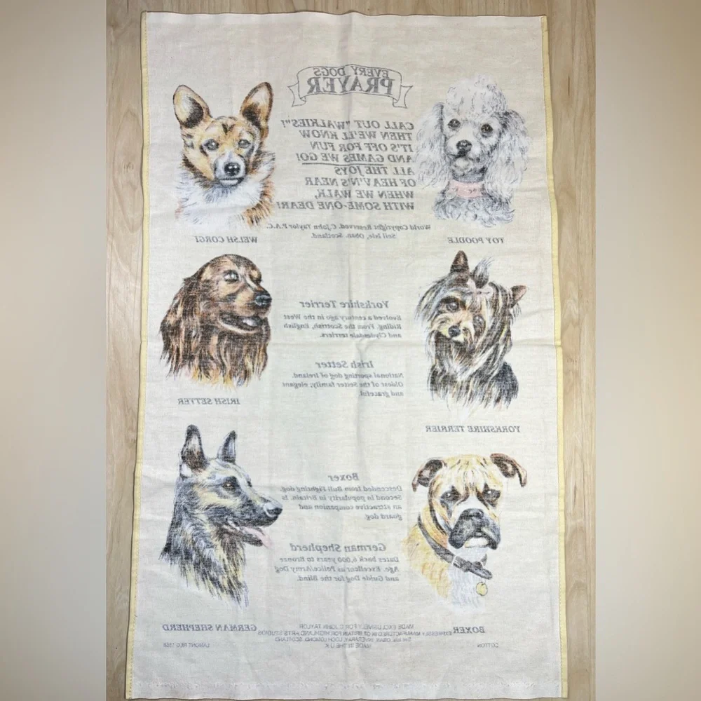 Vintage Every Dog's Prayer Scottish Cotton Tea Towel Illustrated Wall Hanging